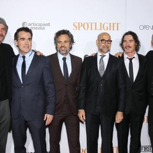 Michael Keaton, Liev Schreiber, Billy Crudup, Stanley Tucci, Mark Ruffalo and Brian D'Arcy at event of Spotlight (2015)