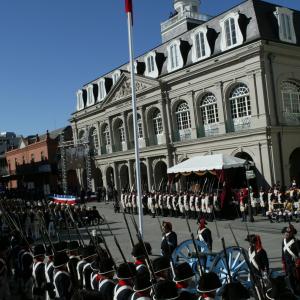 Jackson Square, New Orleans dressed as the Place d'Arms 1803, with French and U.S. troops, cannon, flagpole and military band. Louisiana Purchase 2003