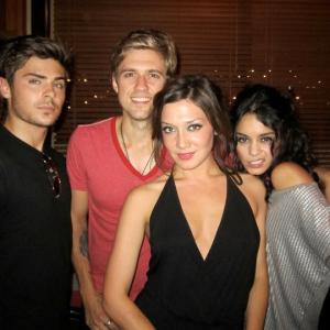 Zarah Mahler with Zac Efron and castmates Aaron Tveit and Vanessa Hudgens at opening night of Rent at the Hollywood Bowl 2010
