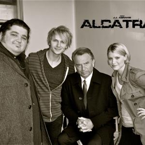 Jorge Garcia Chad Rook Sam Neill and Sarah Jones on set of JJ Abrams new series ALCATRAZ