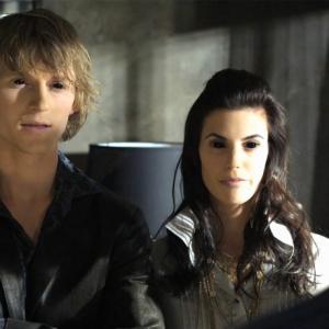 Chad Rook and Meghan Ory on set of Sanctuary