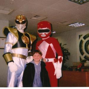 Mighty Morphin Power Rangers RED POWER RANGER WITH NUMBER 1 FAN AND SON RICKY ADAMS