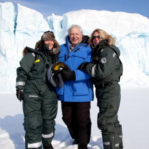 Vanessa Berlowitz on left with Sir David Attenborough Filming for Frozen Planet in Svalbard 2010