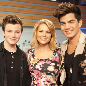 Carrie Keagan with Chris Colfer and Adam Lambert on the set of VH1s Big Morning Buzz Live with Carrie Keagan