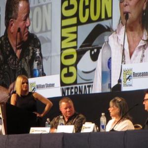 Carrie Keagan moderating the TV Land Panel at Comic con 2013 with William Shatner Roseanne Barr and Wayne Knight