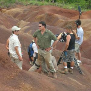 Kent Matsuoka discusses a scene with Brad Johnson on location in Kauai Aug 2006