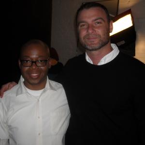 Larry Strong with Liev Schrieber on the set of 'Portraits in Dramatic Time' by David Michalek.