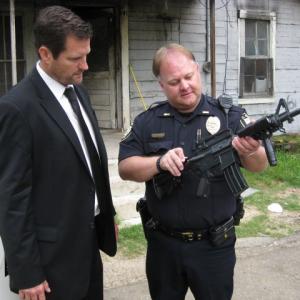 Dean Denton and Weapons Specialists, Lieutenant Kevin Holt on the set of 