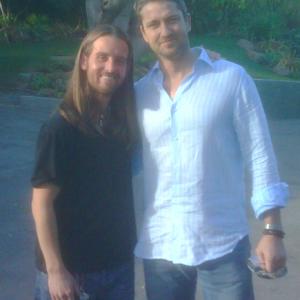 Evan Boymel with Gerard Butler on the set after Gerards interview for in Search of Ted Demme