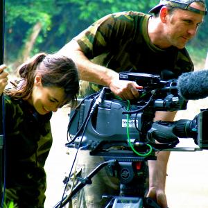 Melanie and cameraman Max in the Amazon jungle, Ecuador in 2007. Working on 'Tribal Wives', UK documentary for BBC2.