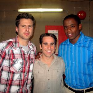 Ben Giroux with James Roday and Dulé Hill, on set for 