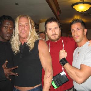 WWE Superstar R Truth, Golden Globe Winner Mickey Rourke, Director Darren Aronofsky, and Giovanni Roselli on set of 