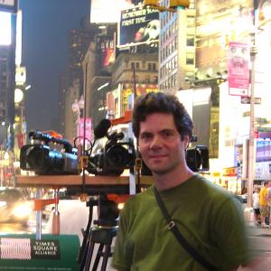 John Borst, Sr. Producer, on location in Times Square