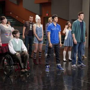 Still of Lea Michele Mark Salling Harry Shum Jr Cory Monteith Ashley Fink Dianna Agron Kevin McHale Jenna Ushkowitz Amber Riley Chord Overstreet and Heather Morris in Glee 2009