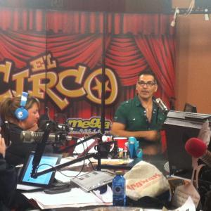 Being interviewed on the morning radio show 