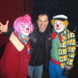 S Siobhan McCarthy as Blyss with Director Peter DeLuise and Oatmeal the Clown Michael Undem on the set of Haunting Hour Afraid of Clowns