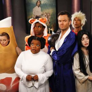 Still of Joel McHale Yvette Nicole Brown Alison Brie Gillian Jacobs and Donald Glover in Community 2009