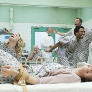 Still of Joel McHale, Alison Brie, Gillian Jacobs and Donald Glover in Community (2009)