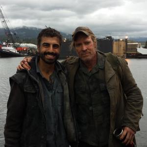 On a break during the shooting of Falling Skies with Michael Antonakos and Will Patton
