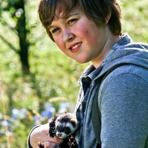 Behind the scenes still of Connor Stanhope and Falcor the Ferret on set of Jake  Jasper A Ferret Tale