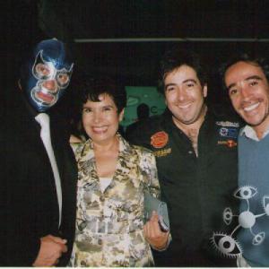 Blue Demon (Left), La Tarabilla actress (Center Left), Pedro Araneda (Center Right) an actor Roberto Sosa.