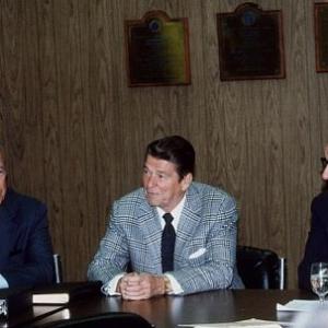 Ronald Reagan with Sec of State George P Shultz and Alan Greenspan