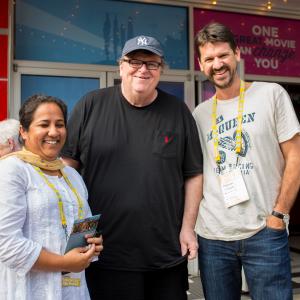 Michael Moore, Pushpa Basnet and Thomas Morgan at the Traverse City Film Festival