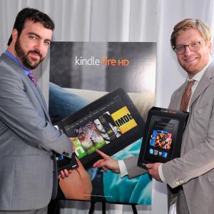 Josh Penn, left, and Dan Janvey pose in the Kindle Fire HD and IMDb Green Room during the 2013 Film Independent Spirit Awards at Santa Monica Beach on February 23, 2013 in Santa Monica, California.