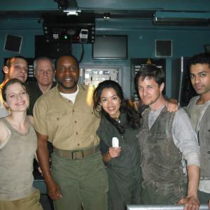 Starting from top left Theo Rossi, Chris Ellis, Erin Fleming, Chad Coleman, Stephanie Jacobsen, Yuri Lowenthal, Krishna Vutla on the set of Terminator; The Sarah Connor Chronicles