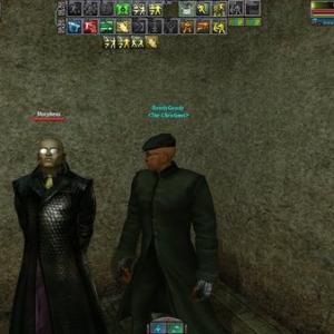 Morpheus (Laurence Fishburne[left]) and RowdyGowdy (Joey Paul Gowdy[right]) in The Matrix Online on the server Recursion.