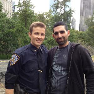 Will Estes and Larry Nuñez on the set of Blue Bloods.