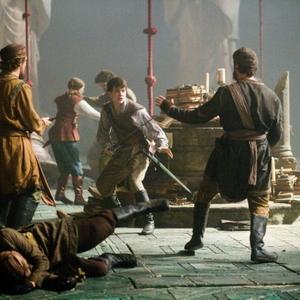 Narnia Voyage of the Dawn Treader fight performers from left to right Nick Schodel Morgan Evans grounded Georgie Henley with Cameron McKay back center Skandar Keynes Damien Bryson and Michael M Foster back right