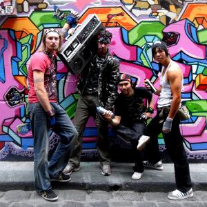 The Graffiti Gang from ORANGE, Tollywood film... stunt guys from left to right...Michael M. Foster, Chris Weir, Yasushi Asaya, Ri Jie Kwok on location in Hosier Lane Melbourne Victoria Australia