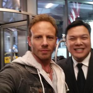 Ian Ziering and Lyman Chen on the set of Sharknado 2The Second One