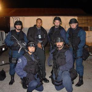 SWAT4HIRE on location filming 24 with Kiefer Sutherland. Pictured with another of 24 great actors! Tactical Casting provided by Patricia Homan Davila of SWAT4HIRE; originally subcontracted by Central Casting.