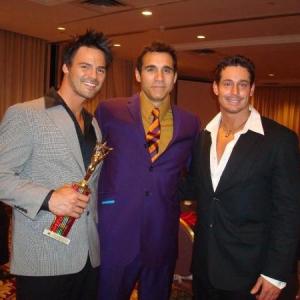 2008 Mr. Romance winner, Chris Winters poses with Actor Adrian Paul (Highlander series) and 2007 Mr. Romance Jason Santiago