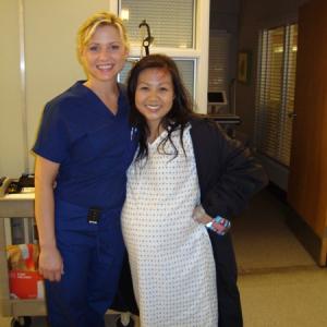 on set of Greys Anatomy with Jessica Capshaw