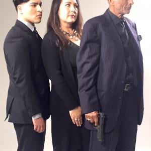 Actors Jeries Rabi Suzanne Sumner Ferry Robert Miano at a photoshoot for the TV series Sangre Negra 2015 directed by Frank Pinnock