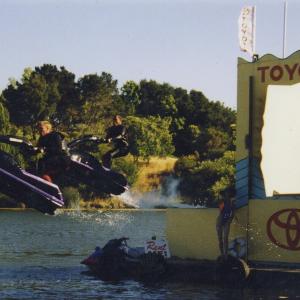 Brian Keith Allen and a stunt member rehearsing a jetski stunt