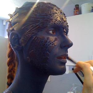 Meghan Ashley all made up prepping the Mystique prosthetics and makeup for Xmen First Class