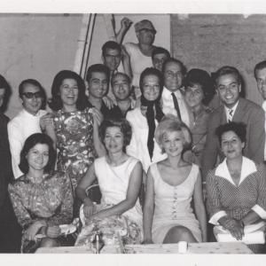 Pari Leventi and Lambros Konsandaras in the centre of the picture backstage Yparhei kai Philotimo 1965