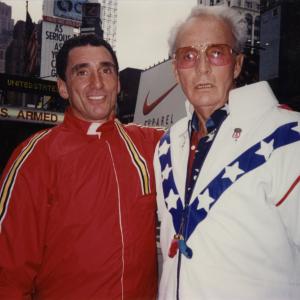 David Copeland and Evel Knievel after a successful bicycle jump for Viva Variety on Comedy Central