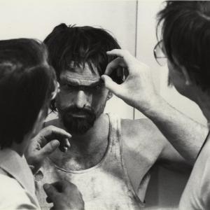 David Copeland getting some final make up and special effect touch ups, before the scene in 'The Soldier'.