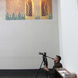 Filming Gustav Klimt's Beethoven 9th Frieze in Vienna at the Secession Museum.