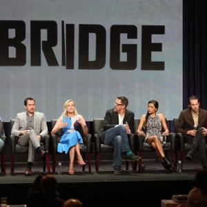 Exec prod Elwood Reid actors Demian Bichir Diane Kruger Matthew Lillard Emily Rios Tom Wright  Franka Potente speak onstage at The Bridge panel during the FX Networks portion of the 2014 Summer TCA at The Beverly Hilton on 72114
