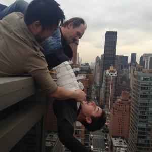Kevin Rogers gets hung over the balcony during rehearsals on The Wolf of Wall Street