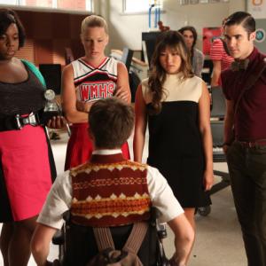 Still of Darren Criss, Kevin McHale, Jenna Ushkowitz, Heather Morris and Alex Newell in Glee (2009)