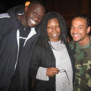 Mohamed Dione,Whoopi Goldberg, and Mike Santana on the set of Law & Order: Criminal Intent