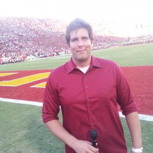 Reporter Ned Rolsma on the sidelines at The Coliseum in Downtown LA for the USC Trojans Home Opener