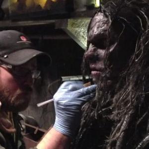 Ry Barrett in make up as The Drownsman, with creature creator Jason Derushie.
